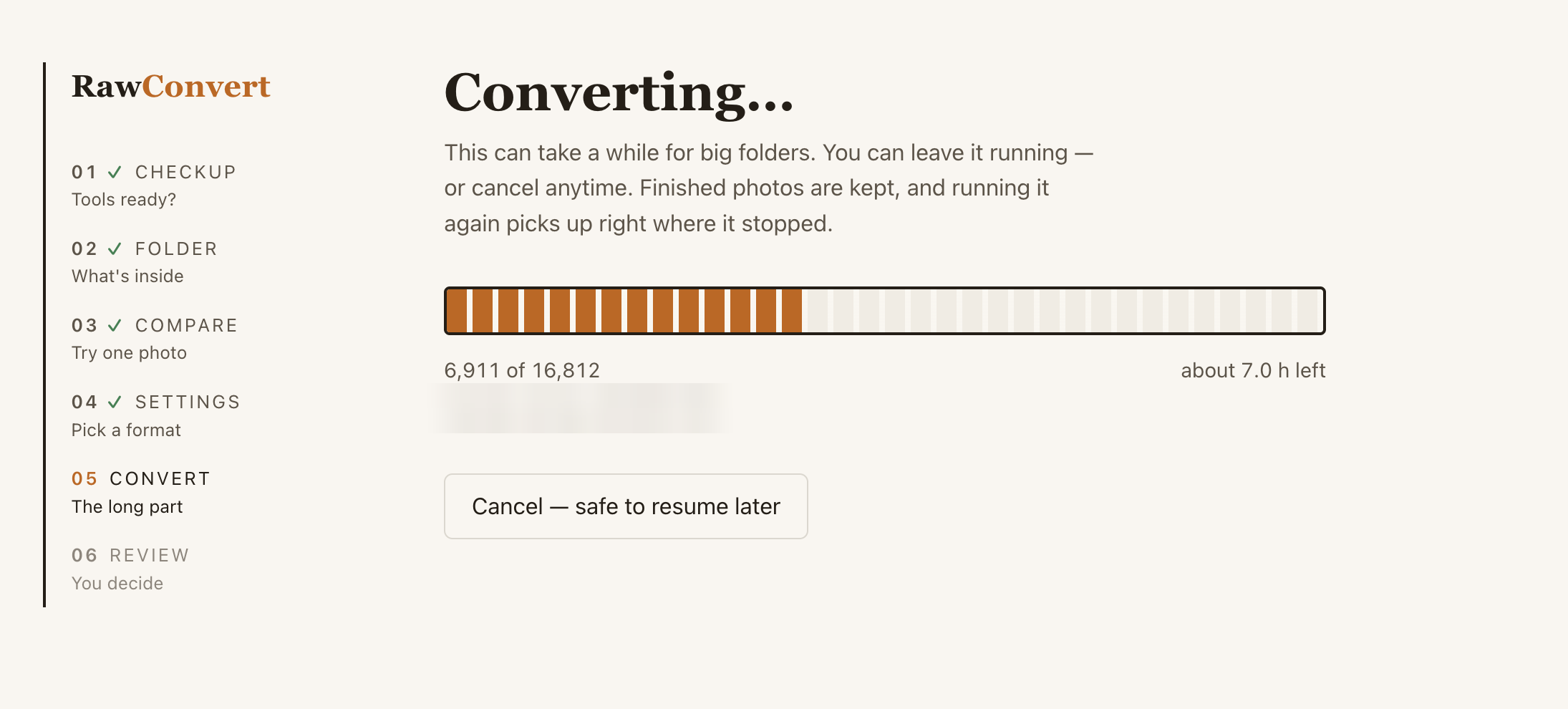 The RawConvert wizard converting 16,812 RAW photos, showing a film-strip progress bar and a cancel button labeled 'safe to resume later'